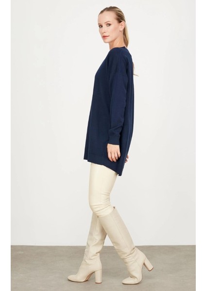 21494 Arkası Yırtmaçlı Detaylı Triko Tunik Qks Tunik #23-113