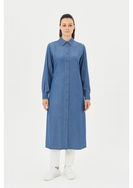 61018 Önden Düğmeli Kol Ucu Manşetli Kot Gömlek Elbise #03-25#