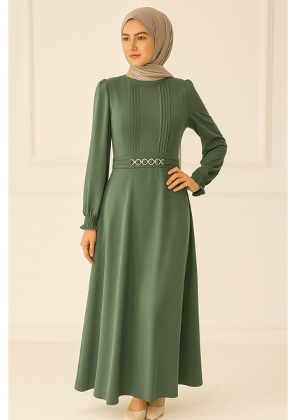 63097 Sıfır Yaka Göğsü Pileli Kol Ucu Lastikli Krep Elbise #04-25#