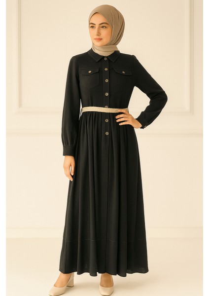 63100 Önü Yarım Düğmeli Kol Ucu Manşetli Beli Kemeri Hasır Detaylı Keten Elbise #04-25#