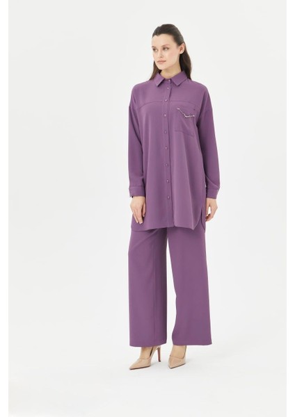 56123 Önü Düğmeli Gömlek Yaka Cebi Zincirli Kol Ucu Manşetli Krep Takım #04-25#