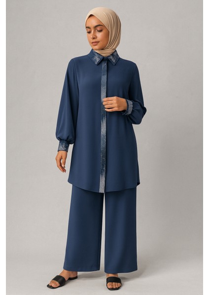 56142 Önü Gizli Düğmeli Kol Ucu, Önü ve Yakası Taşlı Pantolonun Beli Tam Lastikli Geniş Paça Şık Ikili Takım #05-25#