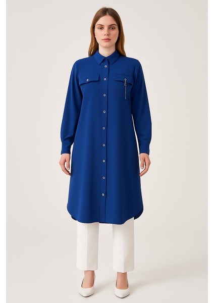 1522 Önü Düğmeli Cep Kapakcığı Görünümlü Gömlek Yaka Uzun Tunik #02-25#