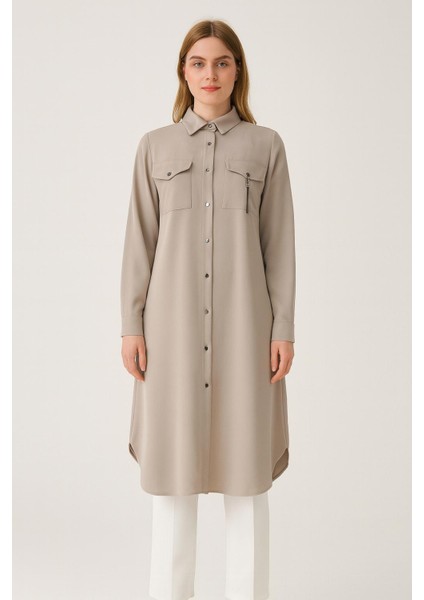 1522 Önü Düğmeli Cep Kapakcığı Görünümlü Gömlek Yaka Uzun Tunik #02-25#