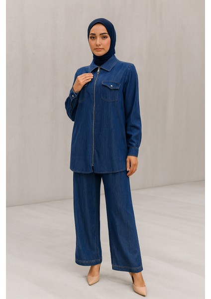 56042 Önü Fermuarlı Cep Görünümlü Gömlek Yaka Kol Ucu Manşetli Beli Lastikli Tansel Ikili Takım #06-25#