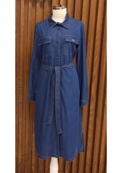 61053 Önü Boydan Düğmeli Önü Cepli Kolu Manşetli Beli Kemerli Tensel Uzun Tunik #03-25#