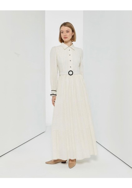 63079 Gömlek Yaka Beli Kemerli Önü Yarım Düğmeli Kol Ucu Tüy Detaylı Keten Elbise #04-25#