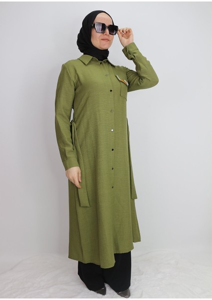 1633 Tunik Önden Düğmeli Beli Bağlamalı Cebi Taşlı Tunik Qys Tunik #247-03# modelleri