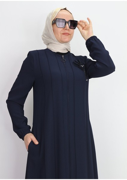 4009 Göğsü Broş Detaylı Kol Ucu Lastikli Sıfır Yaka Ferace Qys 4009 #23-01#