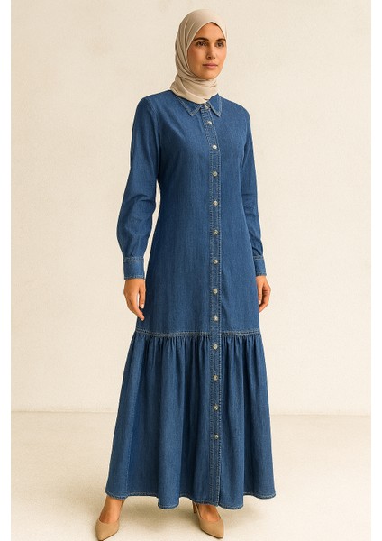 63019 Önden Düğmeli Gömlek Yaka Beli Bağlamalı Kot Elbise #03-25#
