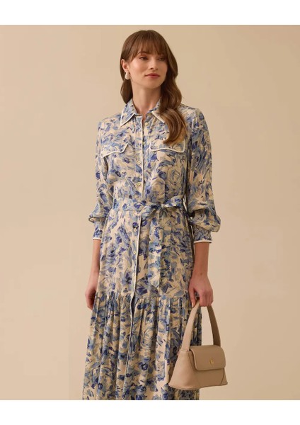 1007 Günlük Elbise Boydan Düğmeli Kolu Manşetli Önü Cep Görünümlü Etek Ucu Pileli Desenli Günlük Elbise #03-25#