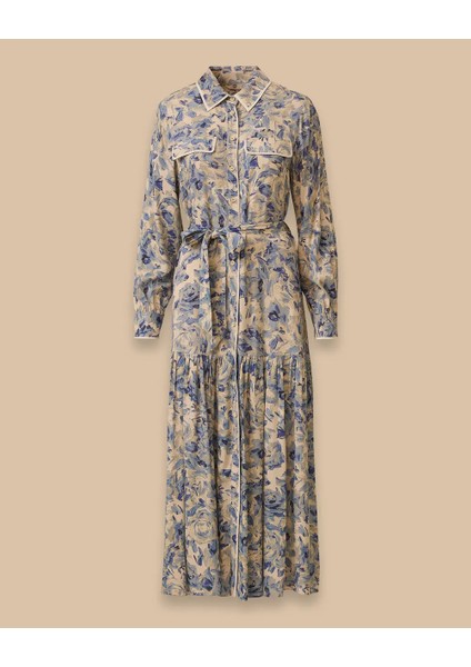 1007 Günlük Elbise Boydan Düğmeli Kolu Manşetli Önü Cep Görünümlü Etek Ucu Pileli Desenli Günlük Elbise #03-25# fırsatları