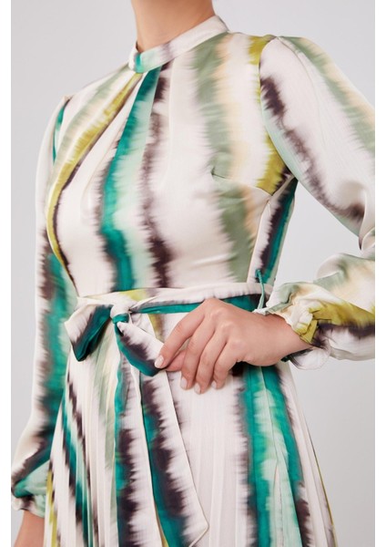 330212 Yoryo Saten Piliseli Kuşaklı Saten Elbise Qys Elbise #24-07#