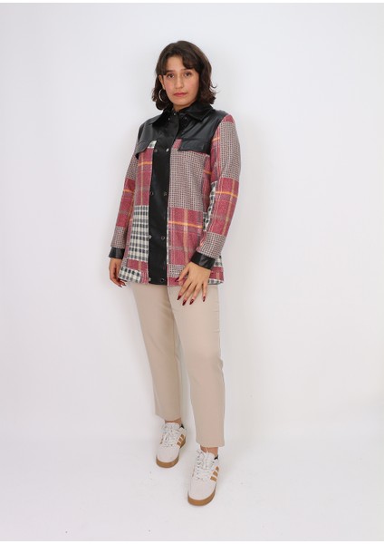 1112 Önü Çift Çıt Çıt Detaylı Yaka Kol Ucu Deri Görünümlü Kısa Desenli Ceket Qks #24-10#