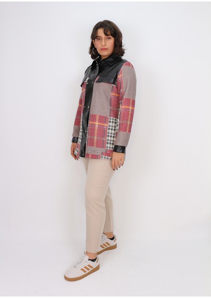 1112 Önü Çift Çıt Çıt Detaylı Yaka Kol Ucu Deri Görünümlü Kısa Desenli Ceket Qks #24-10# fırsatları