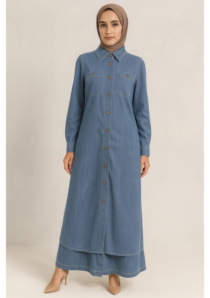 56089 Önden Düğmeli Çift Cepli Pantolonun Belli Lastikli Spor Kot Takım #03-25#