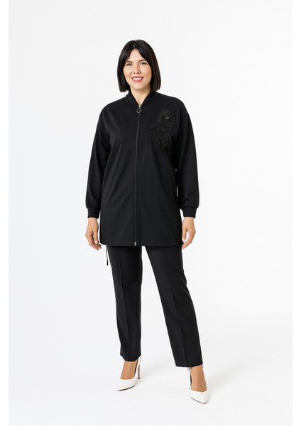 25142 Önü Boydan Fermuarlı Kol Ucu Lastikli Göğsünde Taş Işlemeli Cepli Pantolonun Beli Lastikli Cep Detaylı Ikili Takım #05-25#