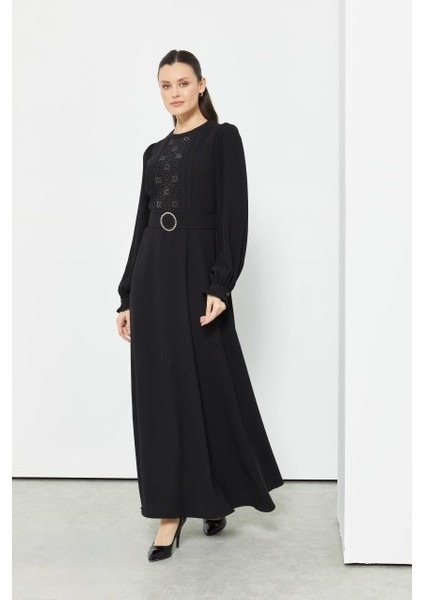 63080 Sıfır Yaka Beli Kemerli Önü Taşlı Krep Elbise #04-25#