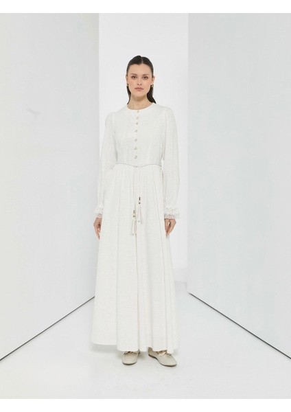 63094 Önü Inci Detaylı Beli Bağlamalı Kol Ucu Tüylü Keten Elbise #04-25#