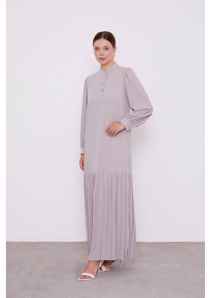 330183 Önü Yarım Düğmeli Balon Kol Alt Kısım Piliseli Günlük Elbise #02-25#