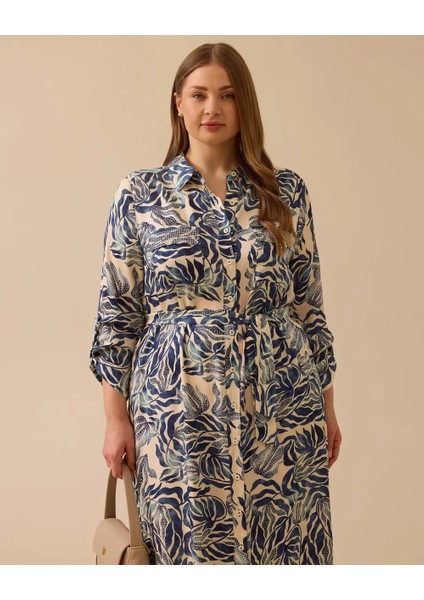 4007 Önden Düğmeli Göğüs Cep Kapakçıkları Taş Detaylı Yanları Yırtmaçlı Desenli Tunik 10002511314007 #06-25#