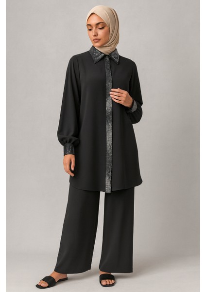 56142 Önü Gizli Düğmeli Kol Ucu, Önü ve Yakası Taşlı Pantolonun Beli Tam Lastikli Geniş Paça Şık Ikili Takım #05-25#