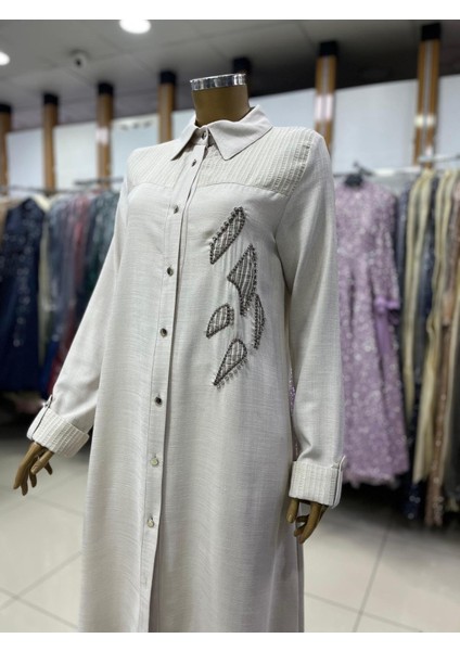 25202 Önü Düğmeli Göğsü Taş ve Motif Detaylı Kol Ucu Katlamalı Uzun Spor Tunik #02-25#