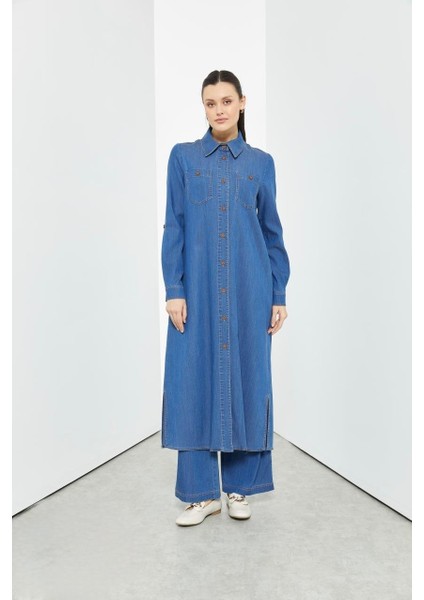 56089 Önden Düğmeli Çift Cepli Pantolonun Belli Lastikli Spor Kot Takım #03-25#