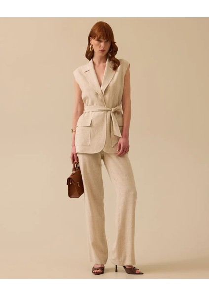 10024 Beli Bağlamalı Çift Cepli Tek Düğmeli Keten Yelek 10002511110024 #06-25#