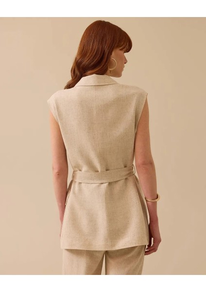 10024 Beli Bağlamalı Çift Cepli Tek Düğmeli Keten Yelek 10002511110024 #06-25# fiyatları