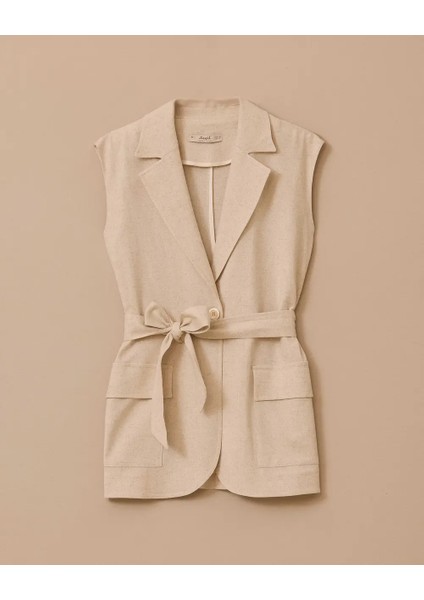 10024 Beli Bağlamalı Çift Cepli Tek Düğmeli Keten Yelek 10002511110024 #06-25# fırsatları