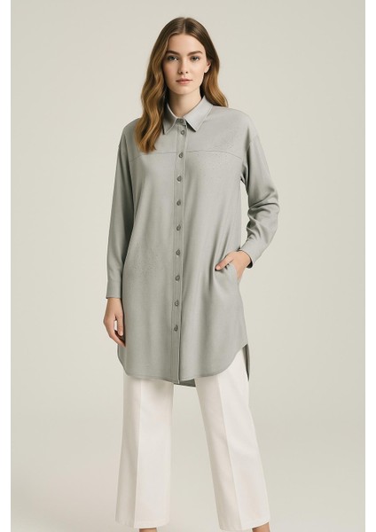 61029 Etek Ucu ve Omzu Taş Detaylı Gömlek Yaka Önden Düğmeli Spor Şık Gömlek Tunik #06-25#