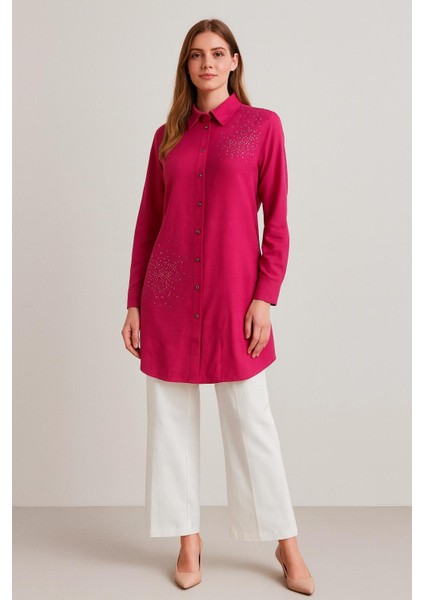 61029 Etek Ucu ve Omzu Taş Detaylı Gömlek Yaka Önden Düğmeli Spor Şık Gömlek Tunik #06-25#