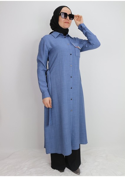 1633 Tunik Önden Düğmeli Beli Bağlamalı Cebi Taşlı Tunik Qys Tunik #247-03# modelleri