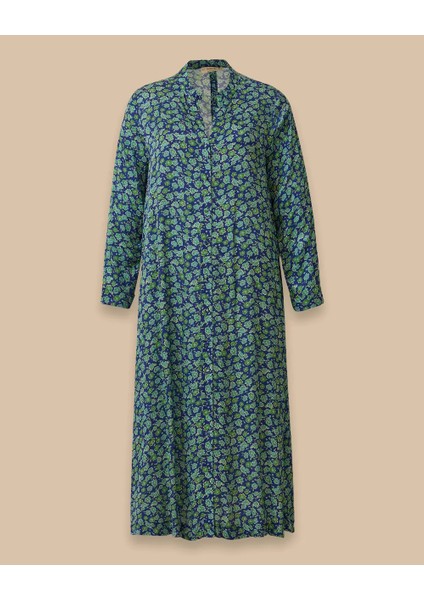 14001 Sıfır Yaka Önden Düğmeli Çiçek Desenli Keten Elbise #03-25#