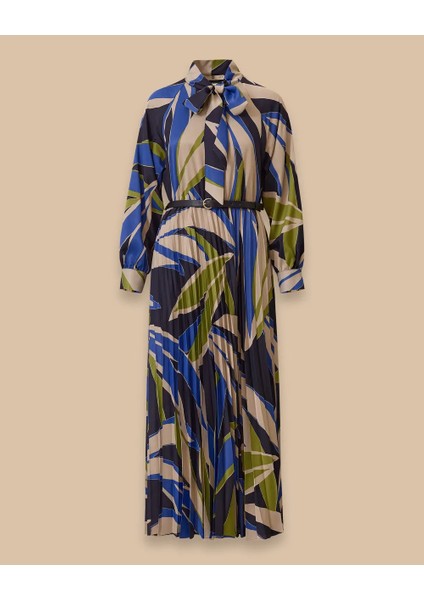 1018 Şık Elbise Yakası Bağlamalı Önü Yarım Düğmeli Belden Aşağı Pileli Balon Kol Kemer Detaylı Desenli Şık Elbise #03-25# indirimleri