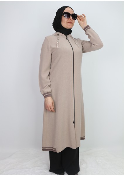 2130 Kapişonlu Kol Ucu Lastikli Önü Fermuarlı Yanları Lastik Detaylı Kapişonu Zincirli Giy-Çık Kap #02-25#