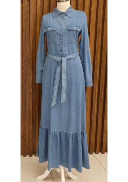 63018 Önden Yarım Düğmeli Çift Cepli Cep Kapakçıkları Taşlı Beli Bağlamalı Kot Elbise #03-25#