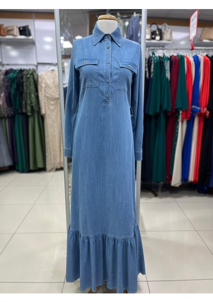 63018 Önden Yarım Düğmeli Çift Cepli Cep Kapakçıkları Taşlı Beli Bağlamalı Kot Elbise #03-25# fiyatları