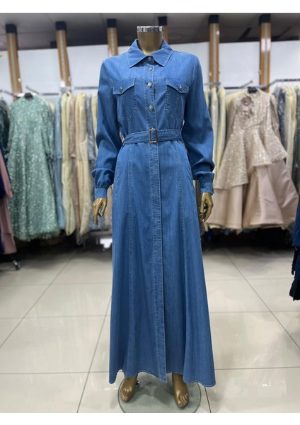 55002 Önü Düğmeli Çift Cepli Kemerli Spor Kot Elbise #03-25#