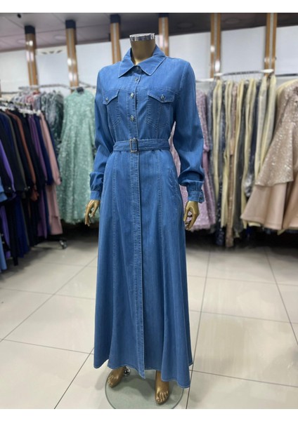 55002 Önü Düğmeli Çift Cepli Kemerli Spor Kot Elbise #03-25# fiyatları