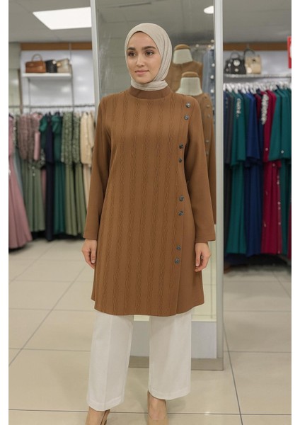 25234 Önü Düğmeli Sıfır Yaka Ön Kısmı Desenli Şık Gömlek Tunik #05-25#