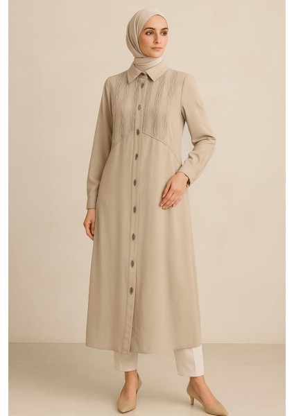 25153 Gömlek Yaka Önden Çıtçıt Kapamalı Omuzdan Yarıya Kadar Büzgü Kumaş Detaylı Uzun Tunik #06-25#