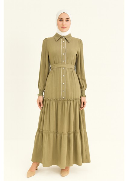 63089 Önü Inci Düğmeli Gömlek Yaka Kol Ucu Lastikli Alt Kısım Fırfır Detaylı Keten Elbise #04-25#