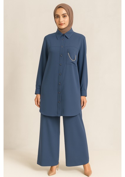 56123 Önü Düğmeli Gömlek Yaka Cebi Zincirli Kol Ucu Manşetli Krep Takım #04-25#