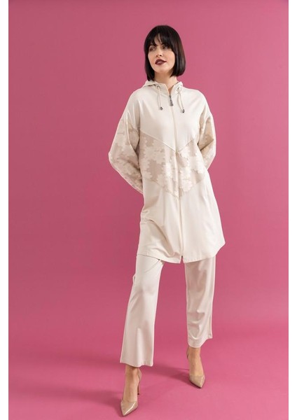 25109 Önü Fermuarlı Kapişonlu Önü Çiçek Detaylı Önü Taşlı Pantolonun Beli Lastikli Ikili Spor Takım #02-25#