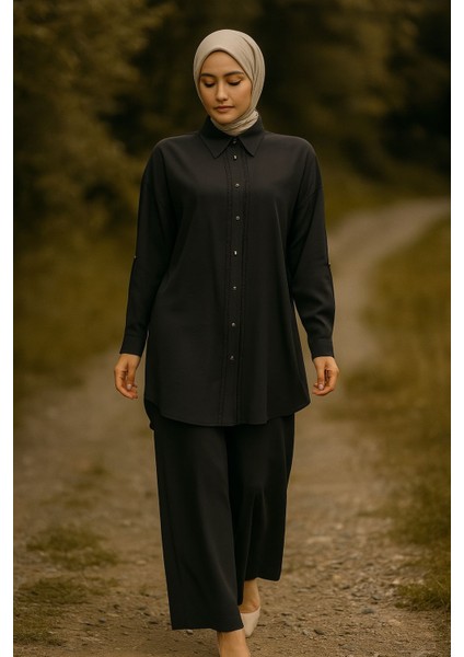 56066 Önü Düğmeli Güpür Detaylı Kol Ucu Manşetli Gömlek Yaka Beli Yarım Lastikli Çift Düğmeli Ikili Takım #06-25#