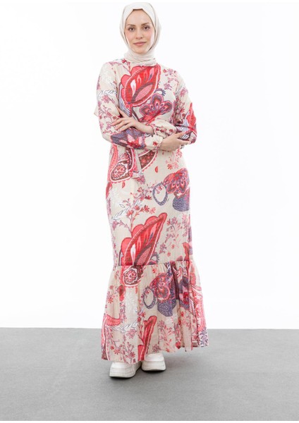 1001 Sıfır Yaka Kol Ucu Lastikli Beli Bağlamalı Etek Ucu Fırfır Detaylı Içi Astarlı Desenli Elbise