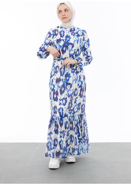 1001 Sıfır Yaka Kol Ucu Lastikli Beli Bağlamalı Etek Ucu Fırfır Detaylı Içi Astarlı Desenli Elbise