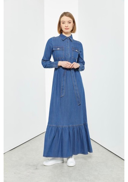 63018 Önden Yarım Düğmeli Çift Cepli Cep Kapakçıkları Taşlı Beli Bağlamalı Kot Elbise #03-25#